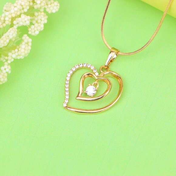 "Elegant Rose Gold Double Heart Pendant with Dangling CZ Stone, XPPT1378 - Picture 12 of 13